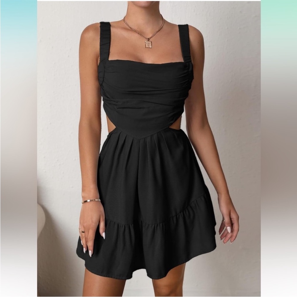 OYOANGLE Women's Cut Out Ruched Sleeveless Backless Ruffle Hem Short Cami Dress